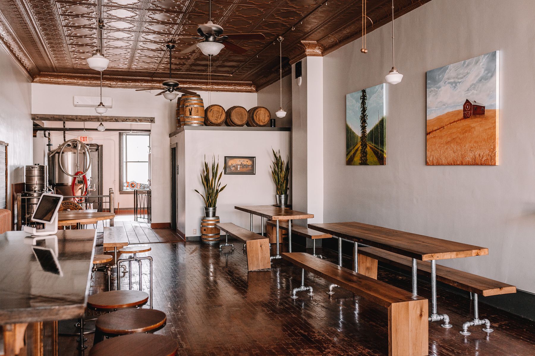 Urban interior with a reclaimed wood ceiling