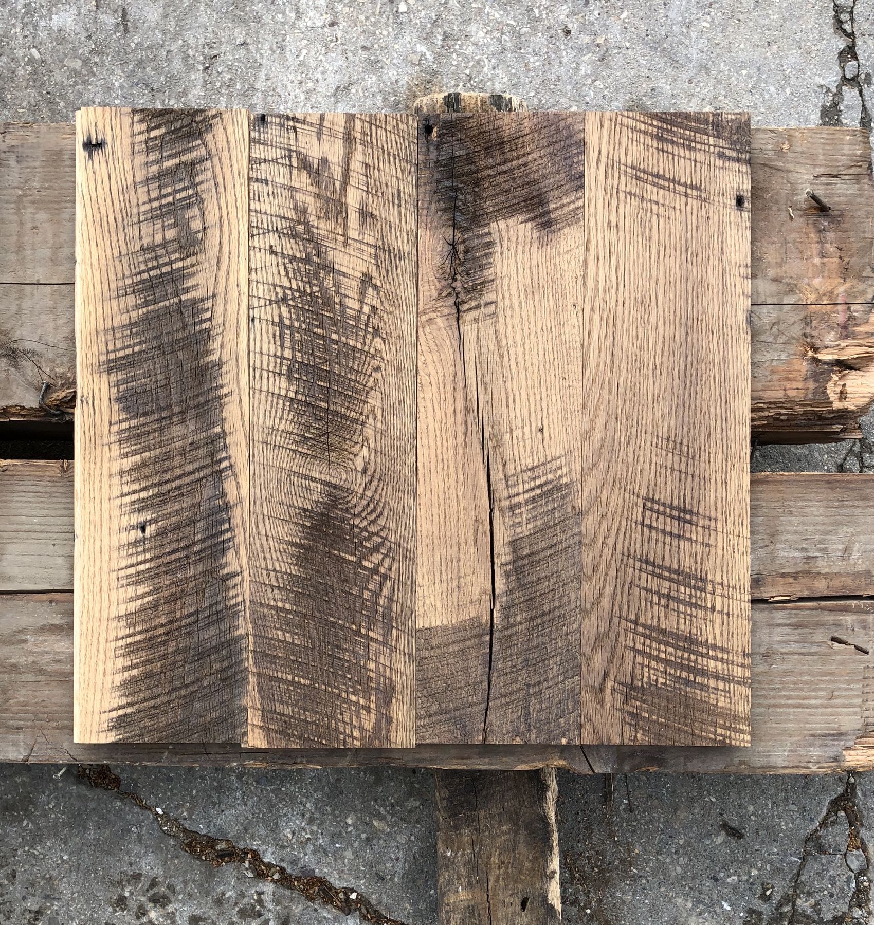 Skip-planed oak — high spots cleaned, patina kept