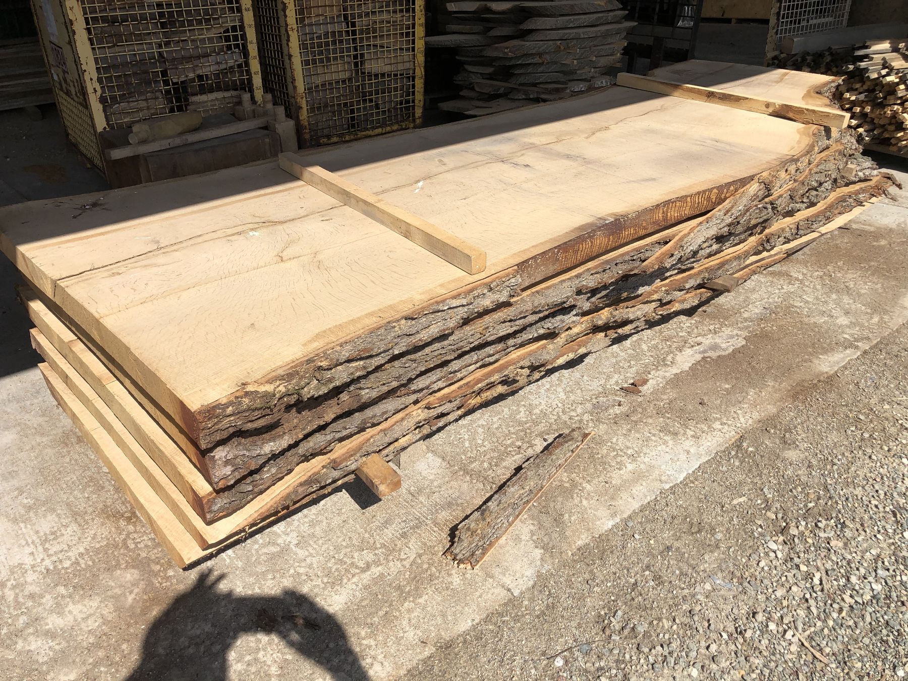 Freshly milled reclaimed white oak slabs